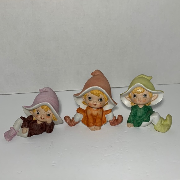 VTG Homco Pixie Elves Whimsical Bisque Figurines Colorful Set Of 3 Pixie Elves - Picture 1 of 16